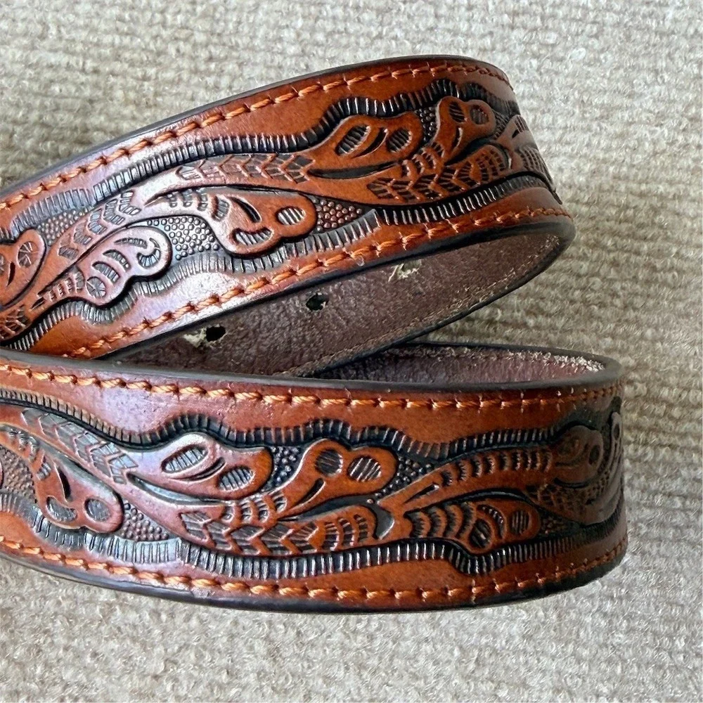 Nocona Boys Western Tooled Belt Brown Bull Rider Oval Buckle Waist 26